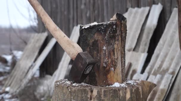 烤箱用的柴火 木制准备 用斧头砍 — 图库视频影像