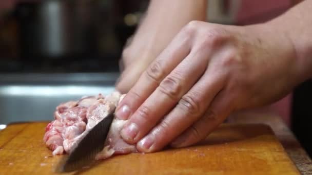 田舎料理 田舎のキッチンで豚肉を調理します ステーキ用のテンダーロインをカット — ストック動画