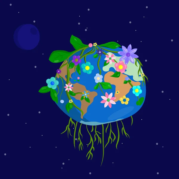 Piękna Zielona Kwitnąca Planeta Kosmosie Tle Gwiaździstego Nieba — Wektor stockowy