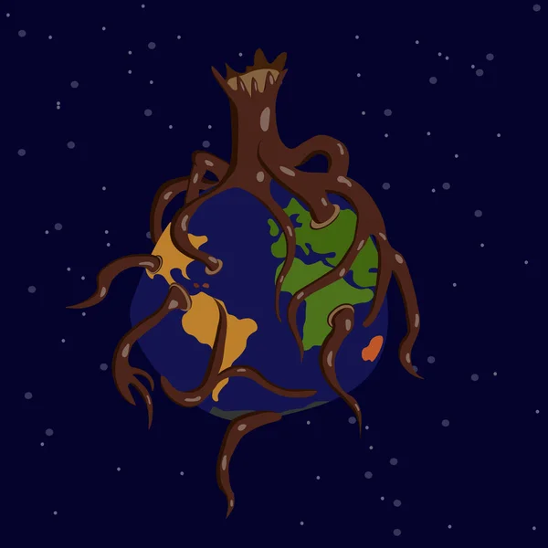 星空を背景に根に覆われた倒木の上の惑星地球 — ストックベクタ