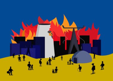 İnsanlar yanan bir şehrin arka planına ve yok edilmiş bir termik santrale karşı bir sığınağa saklanıyorlar.