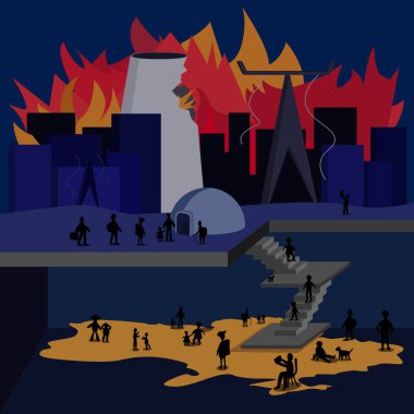 Yanan bir şehrin arka planına ve yok olmuş bir termik santrale karşı sığınan insanlar.