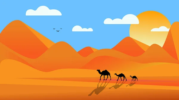 色彩斑斓的图画 用骆驼在沙漠中的沙山背景下行走 — 图库矢量图片