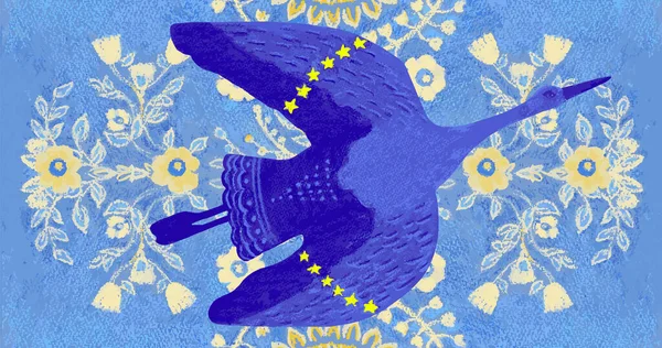 Cigüeña Azul Voladora Símbolo Paz Sin Concepto Guerra Dibujado Mano — Archivo Imágenes Vectoriales