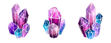 Watercolor colorful Crytal Gemstones isolated on white