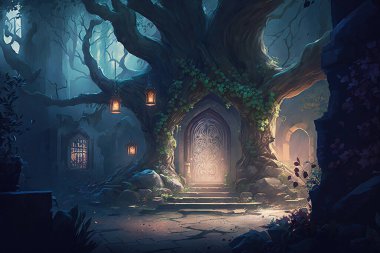 Enchanted fairy forest landscape, misty dark mood. Concept art
