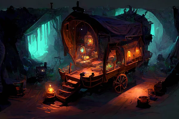 Wooden, tiny home on wheels. Fantasy illustration
