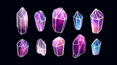 Watercolor colorful Crytal Gemstones isolated on dark
