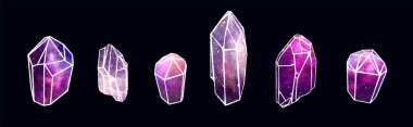 Watercolor colorful Crytal Gemstones isolated on dark