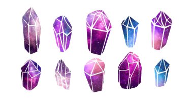 Watercolor colorful Crytal Gemstones isolated on white