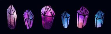 Watercolor colorful Crytal Gemstones isolated on dark