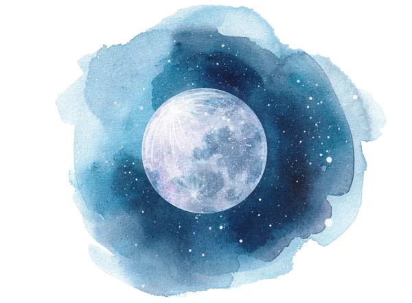 Анотація Акварельного Нічного Неба Повним Місяцем — стокове фото