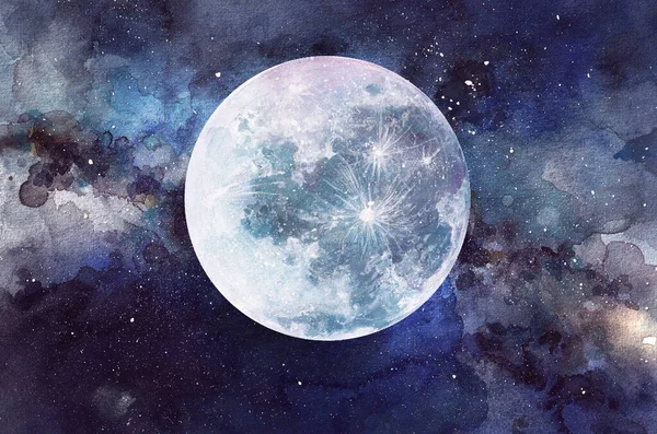 Acuarela Abstracta Cielo Nocturno Con Luna Llena —  Fotos de Stock