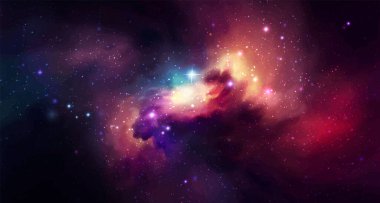 Vektör uzayı gerçekçi illüstrasyon. Yıldızlı renkli nebula arkaplanı