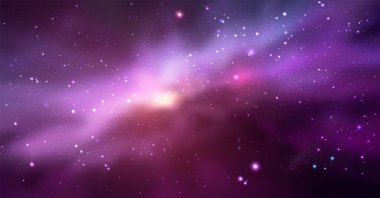Gerçekçi nebula ve parlayan yıldızlarla dolu bir uzay vektör arkaplanı. Sihirli renkli galaksi