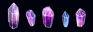 Watercolor colorful Crytal Gemstones isolated on dark