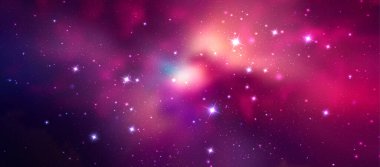Gerçekçi nebula ve parlayan yıldızlarla dolu bir uzay vektör arkaplanı. Sihirli renkli galaksi