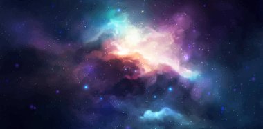 Vektör uzayı gerçekçi illüstrasyon. Yıldızlı renkli nebula arkaplanı