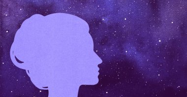Yıldızlı uzay arka planında bir kadının vektör çizimi. Bilinç kavramı