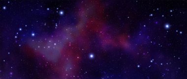 Gerçekçi nebula ve parlayan yıldızlarla dolu bir uzay vektör arkaplanı. Sihirli renkli galaksi