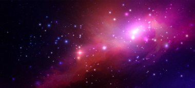 Gerçekçi nebula ve parlayan yıldızlarla dolu bir uzay vektör arkaplanı. Sihirli renkli galaksi