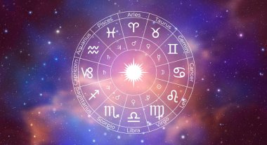 Renkli Yıldızlı Arkaplanda Zodiac İşaretleri ile Çember