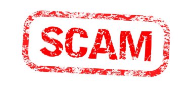 SCAM sözcüğüyle kırmızı renkli lastik damga.