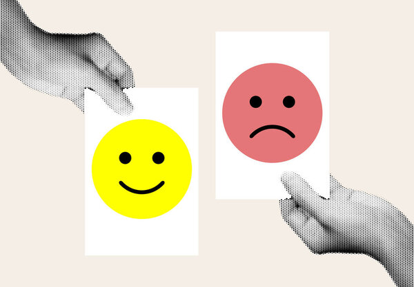 Minimalist Conceptual Illustration Depicting Two Halftone Hands Exchanging Happy and Sad Face Symbols, Representing Emotional Health, Mood Shifts