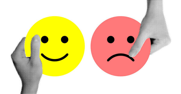 Минималистская концептуальная иллюстрация, изображающая две полутоновые руки, обменивающиеся символами счастливого и грустного лица, представляющие эмоциональное здоровье, смену настроения