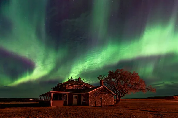 Kyle 2023 Április Aurora Borealis Történelmi Goodwin Ház Felett Saskatchewan — Stock Fotó