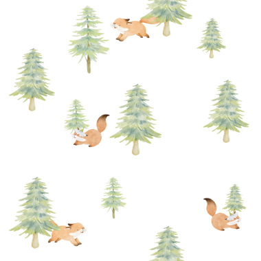Orman temalı şirin suluboya tilki deseni. Bebek ürünleri, kreş tasarımları ve çocuk kumaşları için ideal..