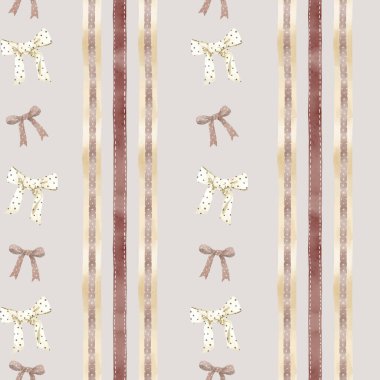 Brown ribbon bow seamless pattern. it features adorable ribbon in a watercolor style. Ideal for creating feminine, aesthetic prints, digital papers, wallpaper, wrapping paper and more.
