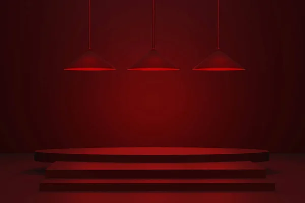 Červená Pokojová Scéna Tlumenými Světly Pódium Lampami Stojanem Displej Vykreslení — Stock fotografie