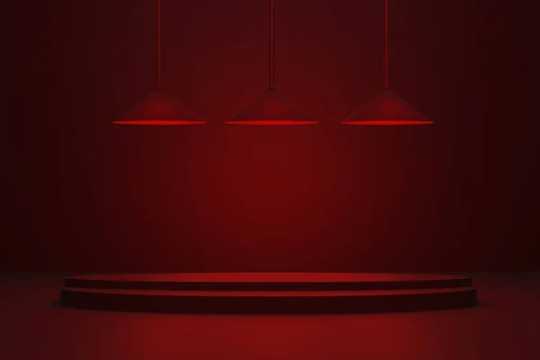 Сцена Красной Комнаты Подиумом Тусклых Огней Лампами Дисплеем Стенда Рендеринг — стоковое фото