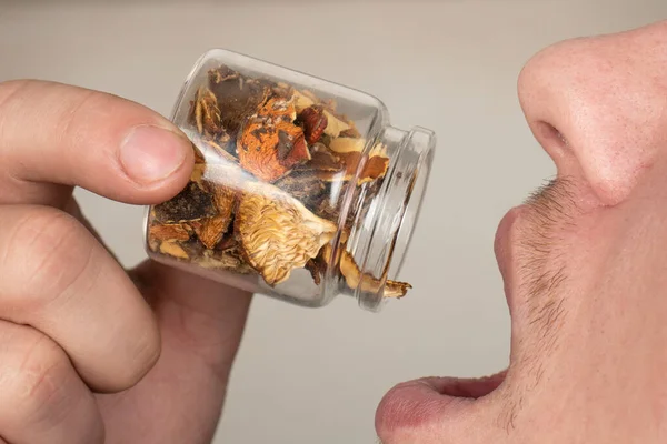 Penggunaan Dosis Besar Dari Lalat Merah Kering Agaric Manusia Makan — Stok Foto