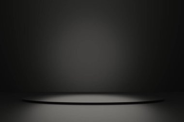 Ürün reklamcılığı için geometrik platform, zeminde koyu siyah sahne podyumu 3D görüntüleme