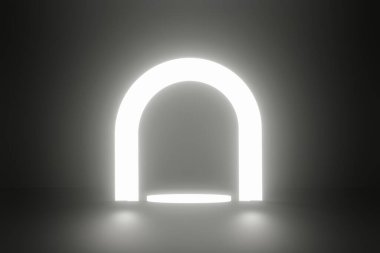 Ürün sunumu için parlayan beyaz sahne ve podyum 3D görüntüleme, boş platform kopyalama alanı.