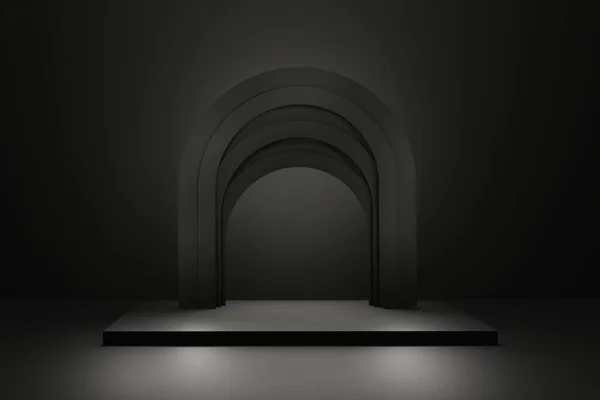 Černá Tmavě Realistický Obdélníkový Podstavec Pódium Obloukem Luxusní Geometrická Platforma — Stock fotografie