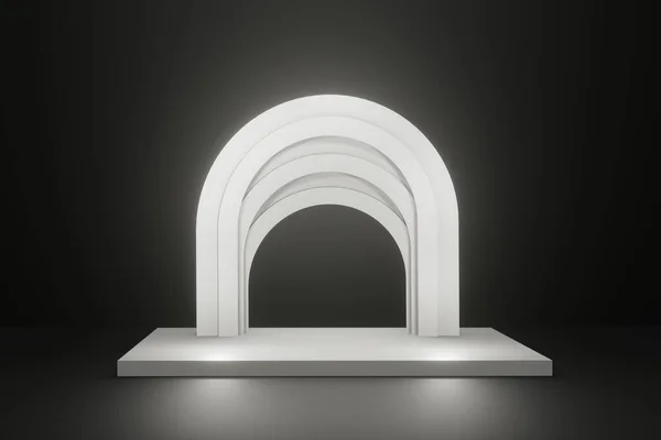 Vazio Palco Pódio Com Branco Brilhando Arco Fundo Escuro Paraíso — Fotografia de Stock