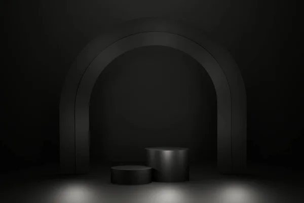 Schwarzer Bogen Und Zylindrische Plattformbühne Für Werbeprodukte Auf Dunklem Hintergrund — Stockfoto