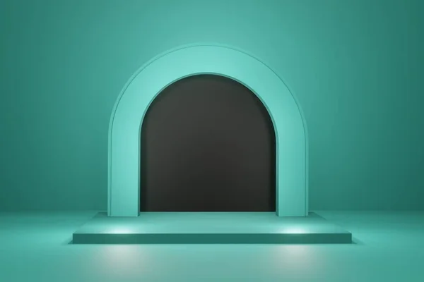 Zelené Modré Displej Pódium Oblouk Tmavým Prázdným Prostorem Pro Reklamu — Stock fotografie