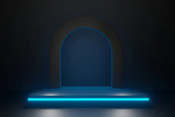 Arco Nero Luci Blu Con Palcoscenico Podio Vuoto Con Spazio — Foto Stock