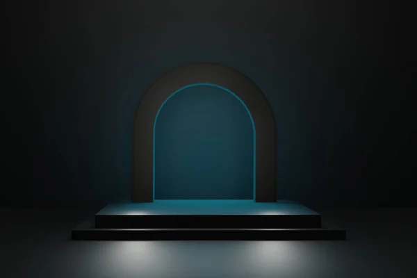 stock image black arch and blue lights with display stage, empty podium with copy space 3d render