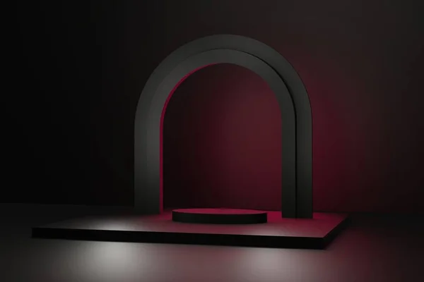 Leere Schwarz Rote Plattform Mit Bogen Für Produktwerbung Romantische Showbühne — Stockfoto