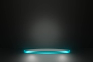 siyah ve mavi parlayan boş sahne koyu 3D render, promosyon ürünü podyum platformu