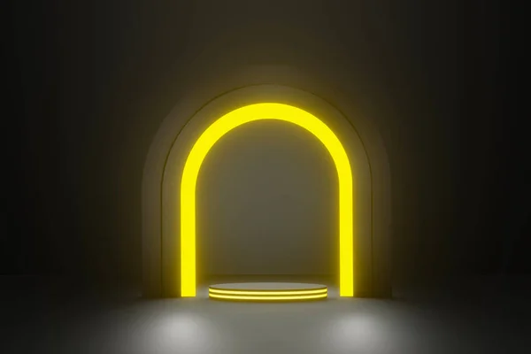 Arco Brillante Negro Amarillo Etapa Etapa Vacía Representación Oscuridad Plataforma —  Fotos de Stock