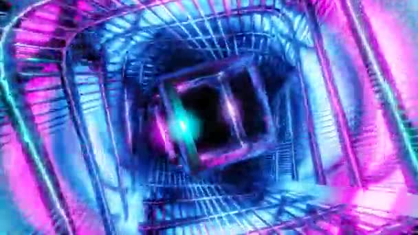 Cubo Azul Roxo Reflete Girando Tubo Colorido Espiral Imagens Alta — Vídeo de Stock