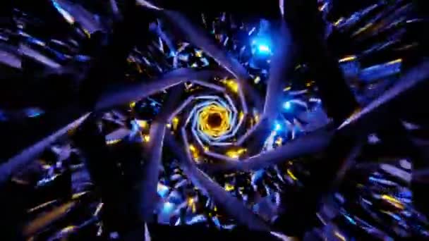 Abstracte Fabelachtige Spiraalvormige Draaitunnel Met Blauwe Gele Lichten Lus Hoge — Stockvideo