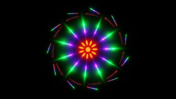 Красочный Неоновый Свет Вращающихся Круговых Звезд Освещенный Петли Высококачественные Кадры — стоковое видео
