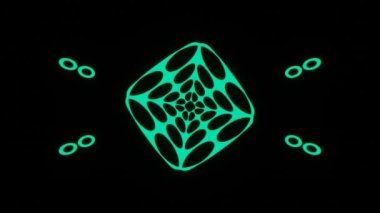 vj döngü yeşil ışık parıltısı geometrik şekiller küp ve torus soyut arkaplan, 4k görüntü